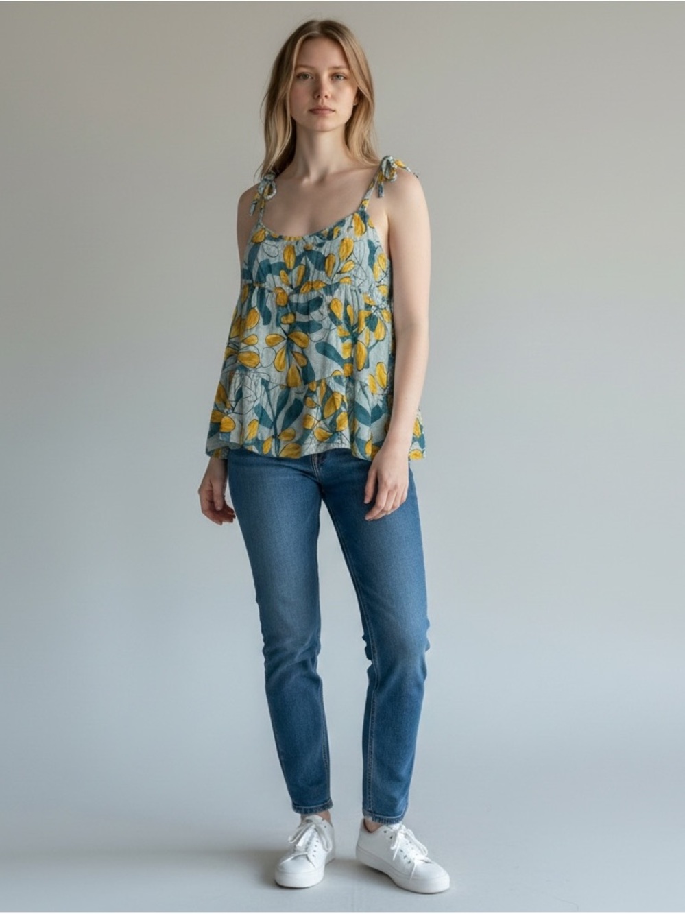 MINE Yellow & Teal Floral Tie-Shoulder Camisole NWT Size Medium